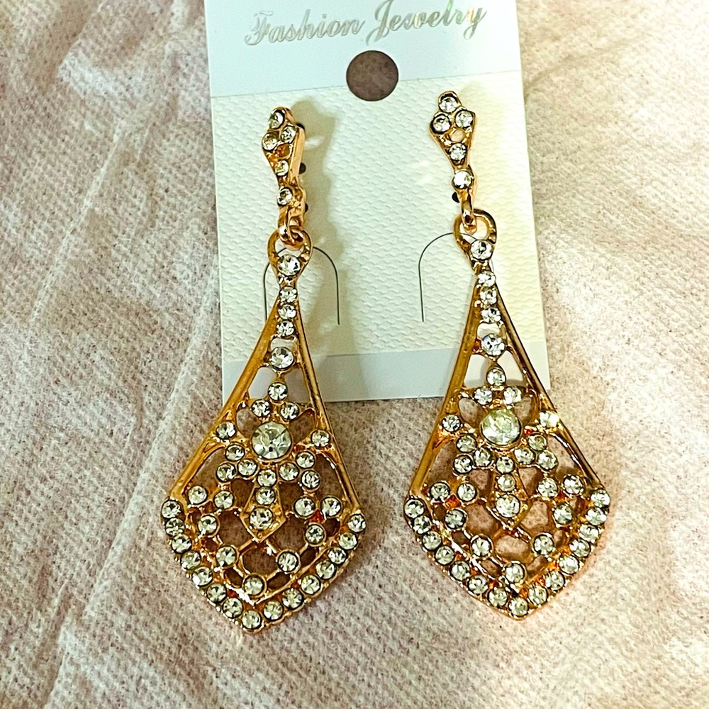 Rose Gold Dangle Drop Earrings Clear Rhinestone Wedding Classy Teardrop Formal